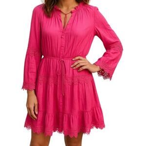 Bcbgmaxazria hot pink 6 lace crochet trim tie neck shift dress boho NWT $368